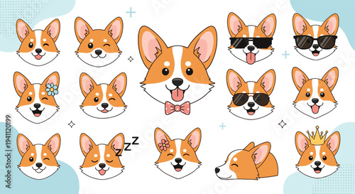 Collection of various corgi dog head expressions including happy, winking, sleeping, and wearing sunglasses or a golden crown.