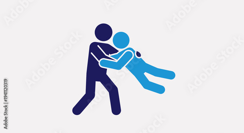 Two stick figures, one blue and one navy, in a wrestling or grappling pose, isolated on a light gray background.