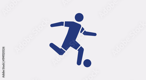 Simple blue silhouette icon of a soccer player kicking a ball on a white background, representing sports and activity