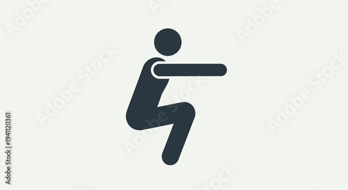 Simple dark grey icon of a person doing a squat exercise on a light grey background, representing fitness and health
