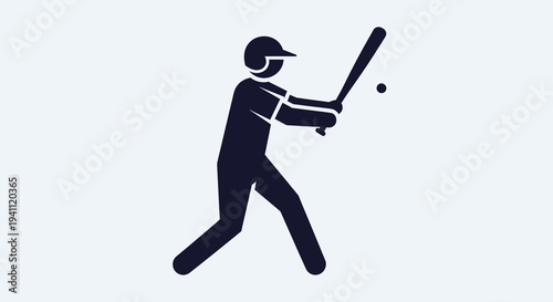 Minimalist stick figure icon of a baseball player swinging a bat and hitting a ball, representing the sport, game, and active lifestyle.