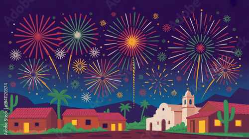 Vibrant fireworks explode above a serene village with adobe style buildings and palm trees at night