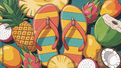 Vibrant summer vibes with colorful flip flops and tropical fruits