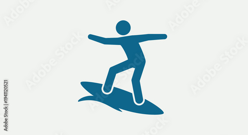 Stylized blue silhouette of a surfer riding a wave on a surfboard, isolated on a light grey background