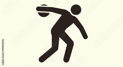 Simple black pictogram of a male athlete throwing a discus on a light beige background, representing sports and competition.