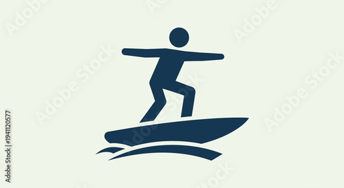 Stylized dark blue silhouette icon of a surfer riding a surfboard on water waves, isolated on a light background.