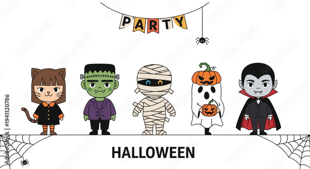 Naklejka premium Diverse group of cute Halloween characters including a cat girl, Frankenstein, mummy, ghost, and vampire at a party.