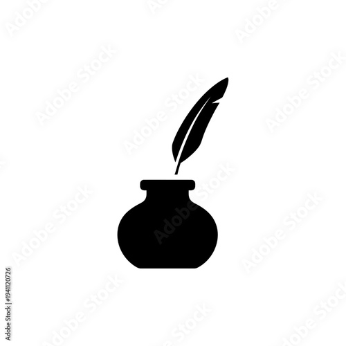 Black inkwell with feather quill minimalist design on transparent background silhouette