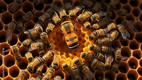 diploid. A queen bee surrounded by worker bees in a honeycomb during golden hour. wildlife magazines, conservation campaigns, designed for nature documentaries and education.