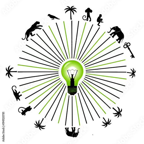 Creative concept with animals lightbulb and radial lines silhouette on transparent background