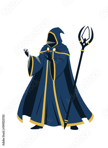Mystical wizard casting a spell with staff on transparent background silhouette