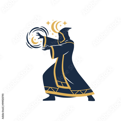 Mystical wizard casting a spell with glowing orbs on transparent background silhouette