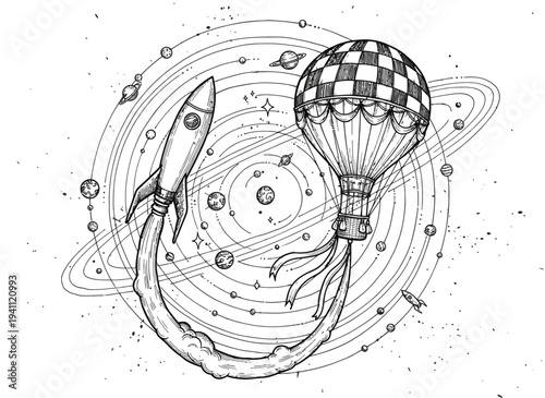 A whimsical rocket and hot air balloon composition on transparent background silhouette