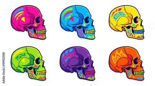 Bright neon colorful side profile skull vector set inspired by mexican sugar skulls and dia de los muertos with vivid abstract geometric patterns for modern pop art design