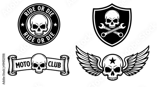 Motorcycle club skull vector emblem set with crossed wrenches wings vintage ribbon banners and shield featuring ride or die typography for biker apparel and logo design