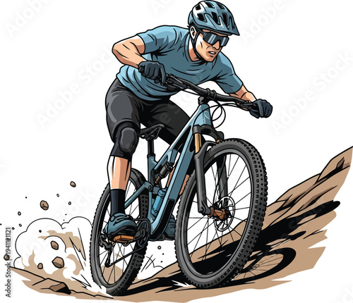 Determined mountain biker wearing protective gear aggressively rides down a rocky, dirt-covered trail emphasizing extreme sport action