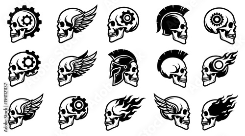 Side profile skull vector set featuring gears wings flames spartan helmets and mohawks for biker motorcycle club punk rock tattoo and heavy metal logo emblem designs