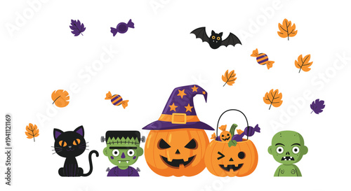 Collection of spooky Halloween characters and elements like black cat, Frankenstein, pumpkin, and zombie on a white background.