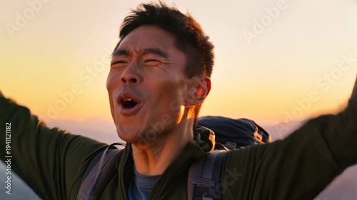 Man's Joyful Summit Triumph: A vibrant portrait of an individual reveling in triumph, arms outstretched, against a captivating backdrop of the sunset.