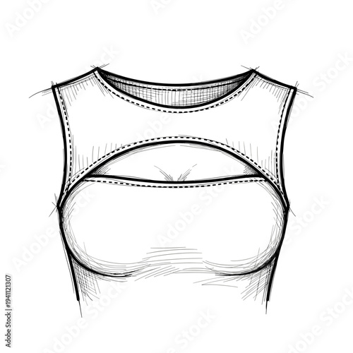 Illustration of a stylish top with cutout neckline design, isolated on a white background, showcasing detailed stitching and artistic sketch style