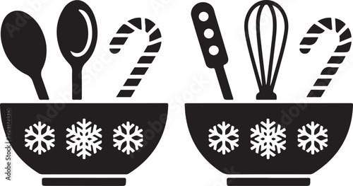Two festive christmas baking bowls filled with utensils and candy canes silhouette