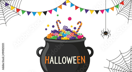 Black cauldron overflowing with colorful Halloween candies and sweets with spiders and cobwebs in the background for spooky party.