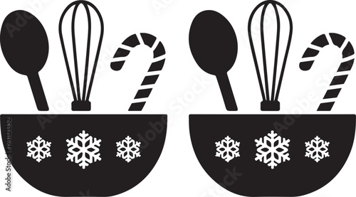 Two festive christmas baking bowls filled with utensils and candy canes silhouette