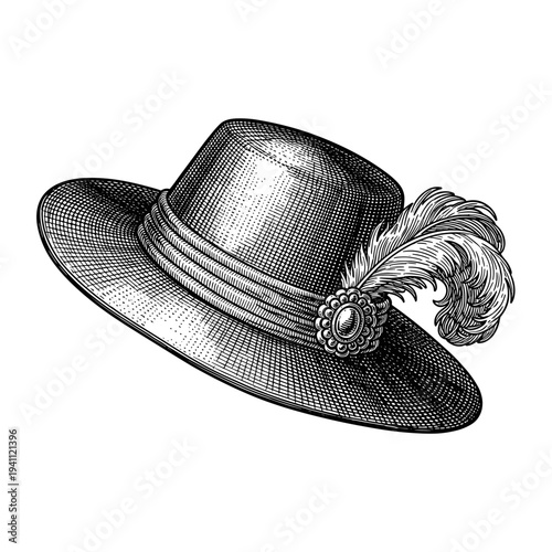 Intricately detailed renaissance hat with ornate feather, isolated on white background, showcasing classic design and elegant embellishments