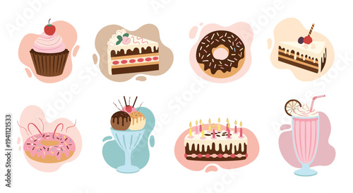 Delicious assortment of various desserts like cupcake, cake slices, donuts, ice cream, and a strawberry milkshake in flat style.