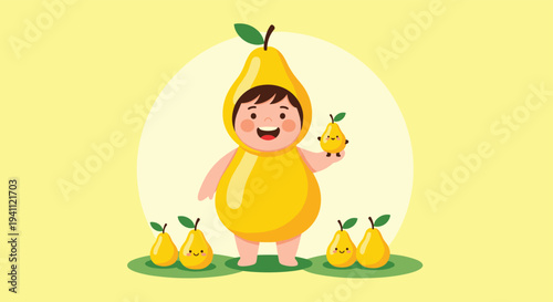 Happy baby dressed in a cute yellow pear costume surrounded by smaller pear characters in a bright sunny scene.