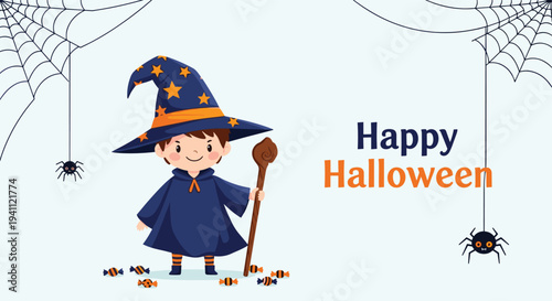 Little boy dressed in a blue wizard costume with a starry hat holding a magic staff for a happy Halloween celebration.