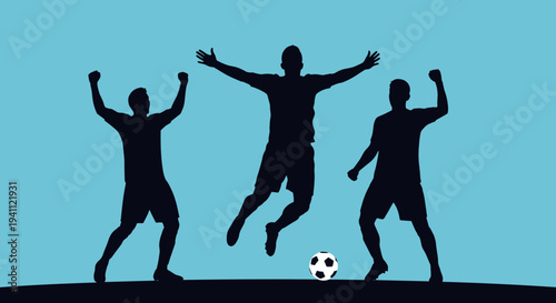 Silhouetted Soccer Players Celebrating Goal.