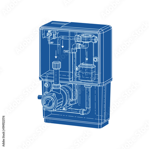 Blueprint-style illustration of an aquarium filter isolated on a white background, showcasing intricate internal mechanisms and components in detailed blue lines
