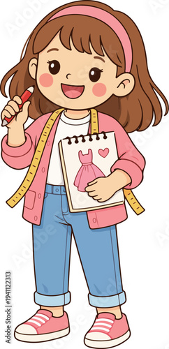 Kid fashion designer character holding sketchbook cartoon illustration