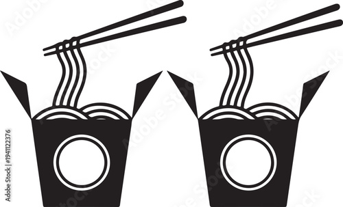 Two takeout noodle boxes with chopsticks silhouette