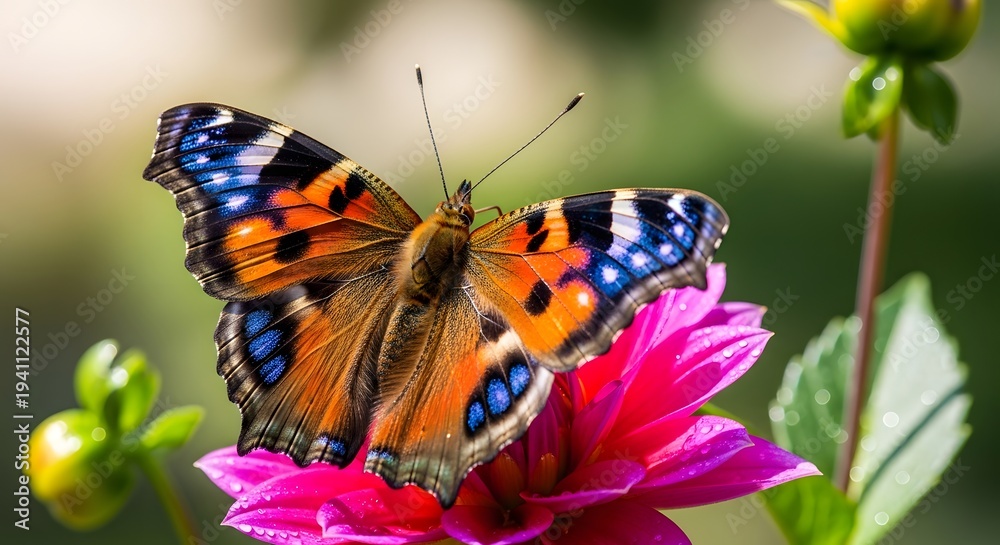 Obraz premium Beautiful butterfly with colorful wings resting on pink flower