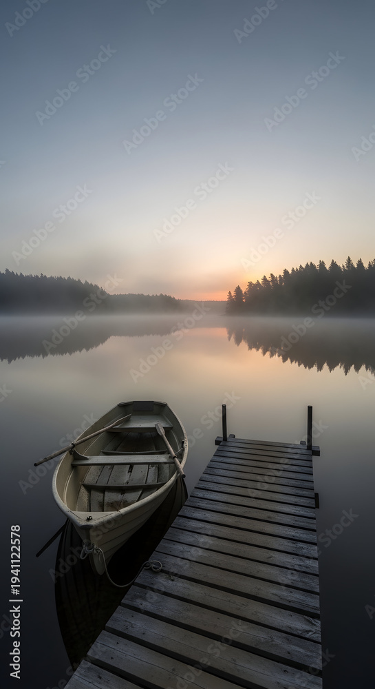 Fototapeta premium Rowboat docked at pier on misty lake at sunrise serene nature landscape
