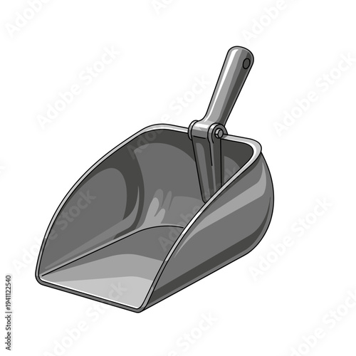 Metallic scoop for gravel isolated on a white background, featuring a sturdy handle and reflective surface, emphasizing industrial utility and simplicity