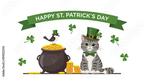 Celebration of st patricks day features a grey tabby cat and a bird wearing green leprechaun hats next to a pot of gold coins and shamrocks.