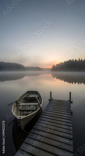 Rowboat docked at pier on misty lake at sunrise serene nature landscape
