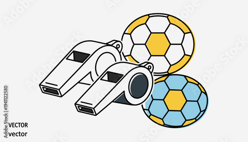 Whistles and Soccer Balls Vector Illustration.