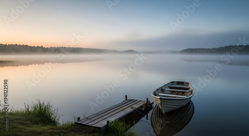 Tranquil lake at dawn with a lone boat docked by a wooden pier serene natural landscape for peaceful contemplation