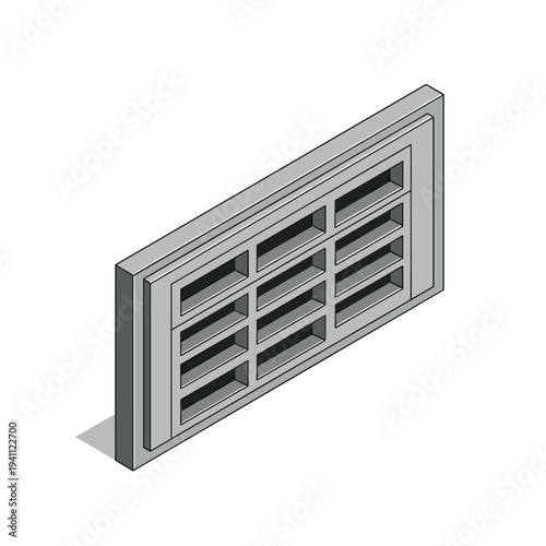 Isometric illustration of a gray vent panel isolated against a white background, showcasing detailed grid design and shadow effects