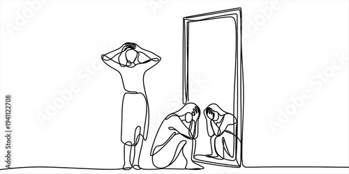 Minimal one line drawing woman looking mirror feeling sad concept