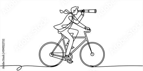 Minimal one line drawing businesswoman riding bicycle looking through telescope