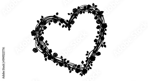 Romantic heart shaped floral wreath vector illustration composed of delicate botanical branches leaves and small flowers forming an elegant heart frame ideal for wedding invitations valentine greeting