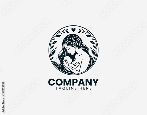 Loving mother kissing newborn baby with floral frame in clean modern motherhood vector illustration