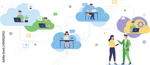 Cloud computing teamwork concept with people using laptops connected through digital cloud network, remote collaboration, online communication and modern technology workflow vector illustration