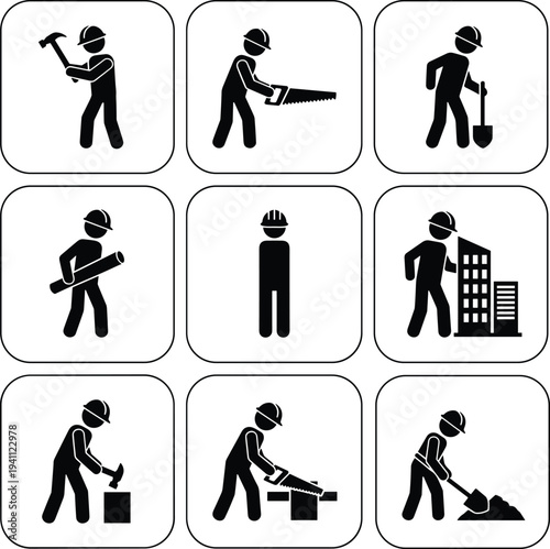 Construction worker icons set showing builder activities like hammering, digging, sawing and carrying materials, industrial labor pictogram collection vector illustration