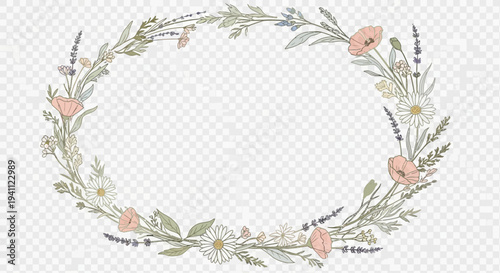 Soft watercolor style botanical floral frame vector illustration with delicate pastel flowers leaves and natural greenery arranged along the border creating an elegant decorative composition ideal for